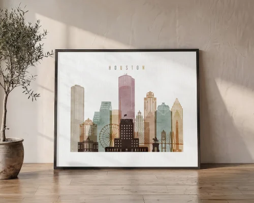 Houston Skyline Wall Art Watercolor Poster Print | ArtPrintsVicky