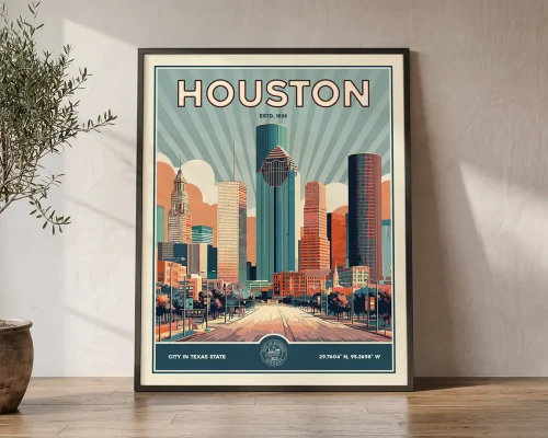 Houston Travel Poster — Vintage Wall Art Print | ArtPrintsVicky