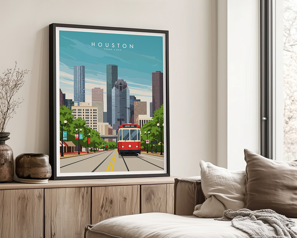 Illustration of a red tram in front of Houston's skyline with buildings and greenery.