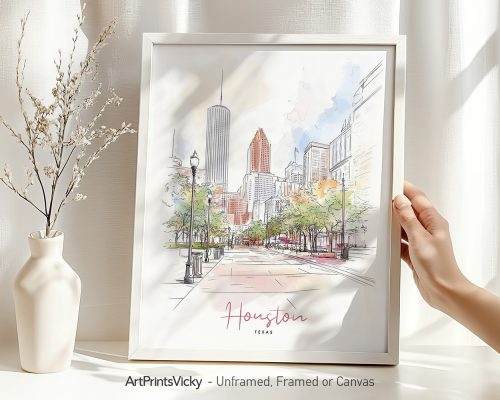 Illustration of Houston, Texas featuring skyscrapers and trees in a cityscape design.
