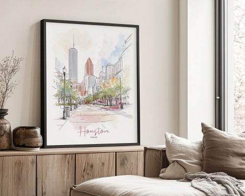 Artistic drawing of Houston, Texas, featuring city skyline and trees in a framed print.