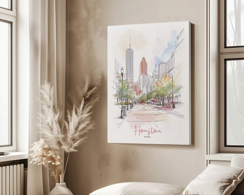 Illustration of Houston, Texas featuring city buildings and trees in a light color palette.