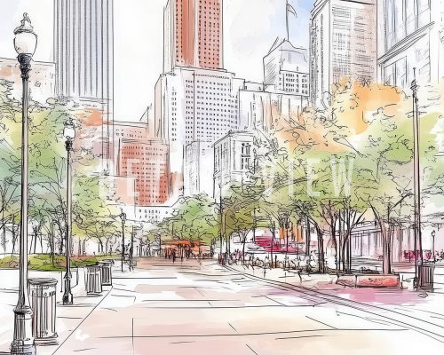 Illustration of a city street in Houston with buildings and trees in a sketch style.