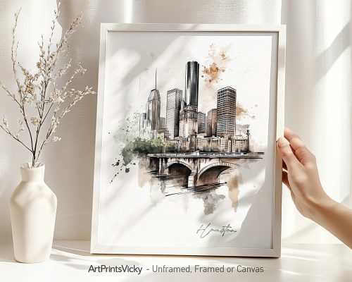 Artistic drawing of Houston's skyline with buildings and a bridge in a framed display.