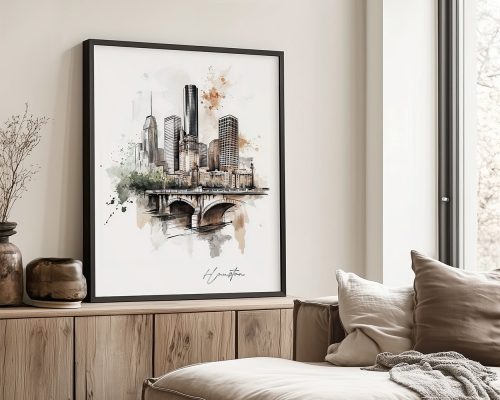 Artistic drawing of Houston skyline with buildings and a bridge in a framed print.