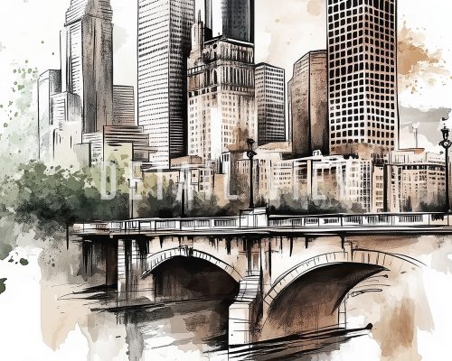 Illustration of Houston skyline with buildings and a bridge over water.