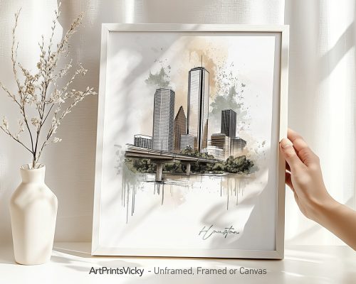 Artistic rendering of Houston's skyline with prominent buildings and a bridge in a framed print.