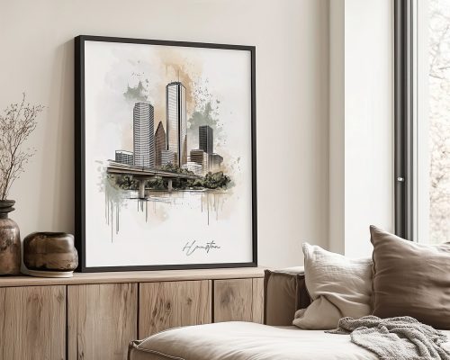 Artistic drawing of Houston's skyline featuring tall buildings and a bridge.