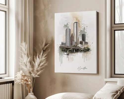 Illustration of Houston's skyline featuring prominent buildings and a highway.