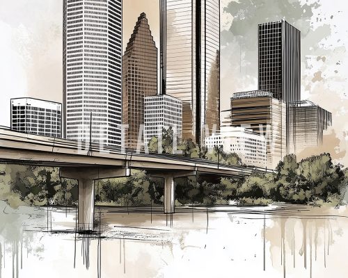Artistic drawing of Houston city skyline with buildings and a bridge over water.