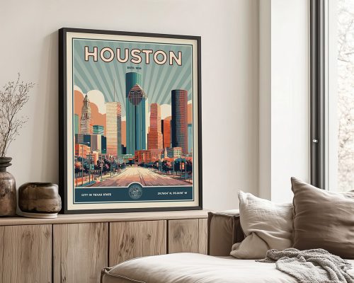 Framed retro-style print of Houston featuring skyscrapers and a city skyline.