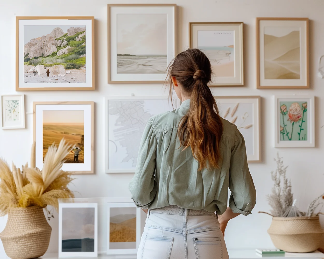 Person standing in front of a gallery wall displaying various framed art prints and photographs.