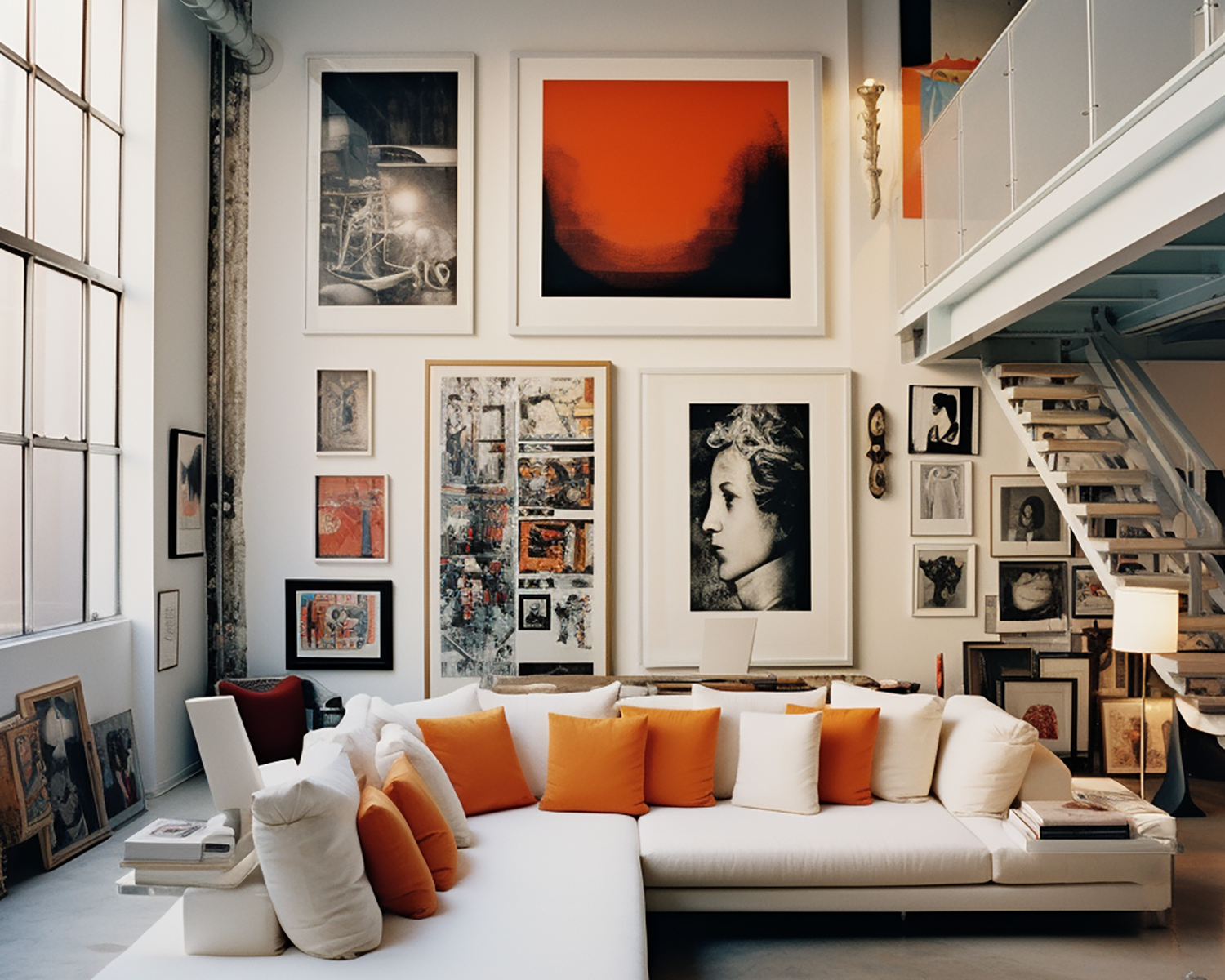 A living room featuring a gallery wall with various framed artworks and a modern white sofa with orange cushions.