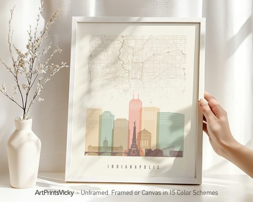 Map of Indianapolis featuring a skyline illustration and street layout in a minimalist design.