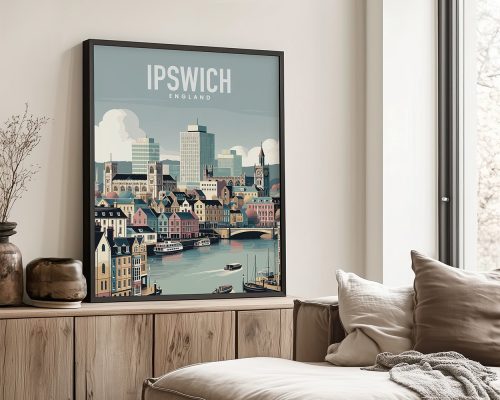 Art print of Ipswich, England featuring buildings and a river with boats.
