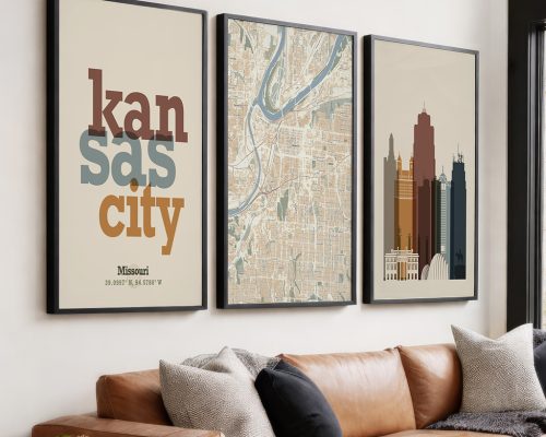 Kansas City Wall Art Set of 3 Prints, Map, Skyline