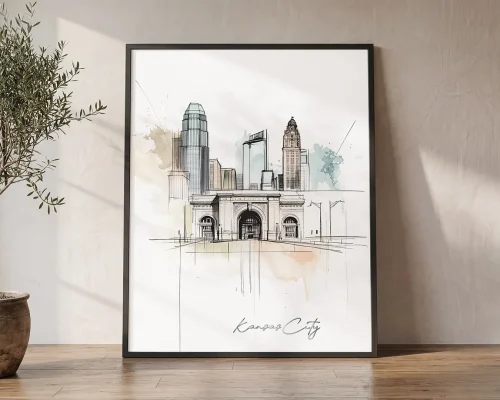 Kansas City Skyline Drawing — Watercolor Wall Art | ArtPrintsVicky