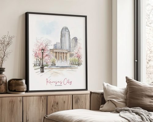 Artistic drawing of Kansas City featuring a fountain and cherry blossom trees.