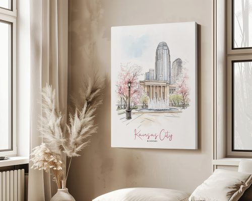 Illustration of Kansas City featuring buildings and cherry blossoms in a soft color palette.