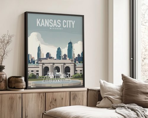 Framed art print of Kansas City featuring a fountain and skyline in the background.