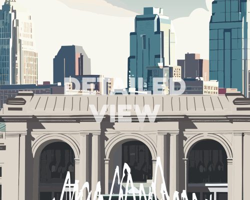 Illustration of the Kansas City skyline featuring modern buildings and architectural elements.
