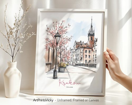 Illustration of Krakow, Poland, featuring buildings and trees with pink blossoms in a framed print.
