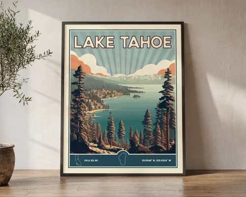 Lake Tahoe Poster Inspired by Retro Travel Art | ArtPrintsVicky