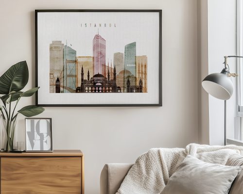 Art print featuring a stylized cityscape of Istanbul with notable buildings and landmarks.