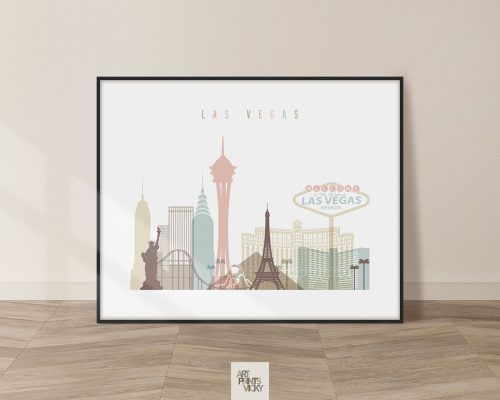 Art print featuring a stylized cityscape of Las Vegas with iconic landmarks and text.