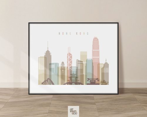Illustration of a cityscape featuring buildings and skyscrapers of Hong Kong in pastel colors.