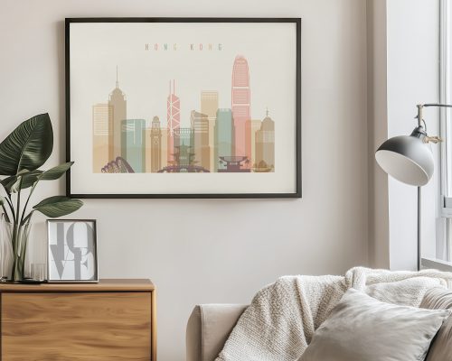 Framed illustration of Hong Kong skyline featuring various buildings in pastel colors.