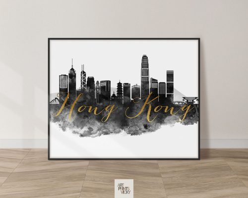 Black and white silhouette of Hong Kong skyline with gold text saying 'Hong Kong'.