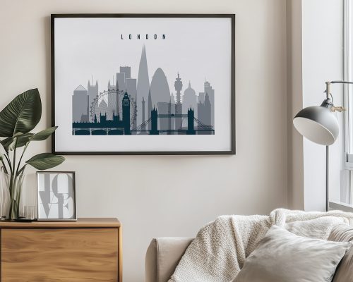 Framed print of a London cityscape featuring iconic buildings and landmarks in gray tones.