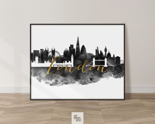 Art print featuring a black and gold silhouette of London's skyline with notable landmarks.