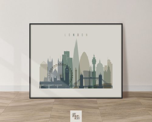 Silhouette of London's skyline featuring iconic buildings and structures in muted colors.