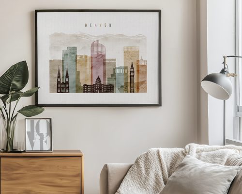 Art print of Denver city skyline with buildings and mountains in the background.