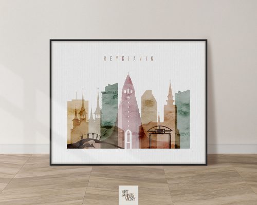 Artistic representation of Reykjavik's skyline featuring notable buildings and landmarks.
