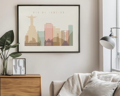 Art print of Rio de Janeiro skyline featuring iconic landmarks in a minimalist style.