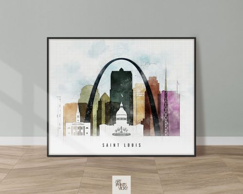 Artistic representation of the Saint Louis skyline featuring the Gateway Arch and city buildings.