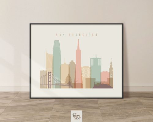 Illustration of San Francisco skyline featuring notable buildings and the Golden Gate Bridge.