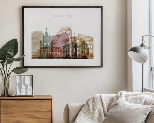 Artistic representation of Geneva's skyline featuring buildings and landmarks in muted colors.