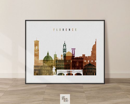 Illustration of Florence's skyline featuring notable buildings and landmarks in various colors.