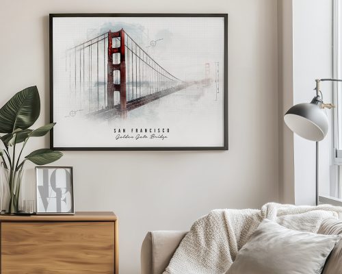 Framed artwork depicting the Golden Gate Bridge in San Francisco with a minimalist design.