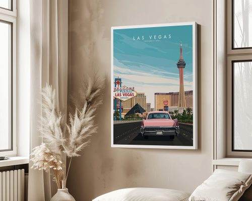 Illustration of a vintage pink car driving towards the Las Vegas skyline with a welcome sign.