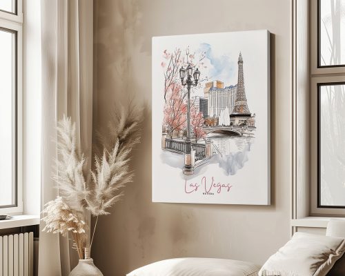 Illustration of Las Vegas featuring the Eiffel Tower and decorative elements in a soft color palette.