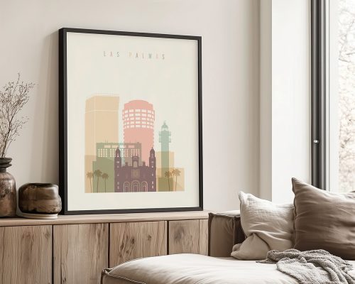Framed artwork depicting a stylized cityscape of Las Palmas with buildings and palm trees.