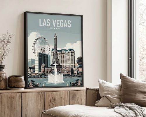 Art print featuring a stylized depiction of Las Vegas with the Eiffel Tower and a Ferris wheel.