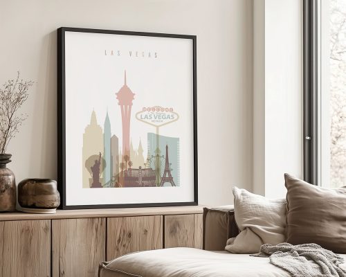 Art print featuring a stylized cityscape of Las Vegas with iconic landmarks.