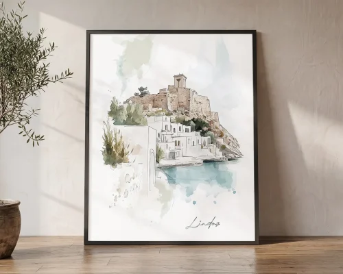 Lindos Drawing Watercolor Wall Art Print | ArtPrintsVicky
