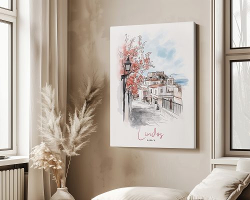 Illustration of Lindos, Greece featuring buildings and trees with a lamp post.